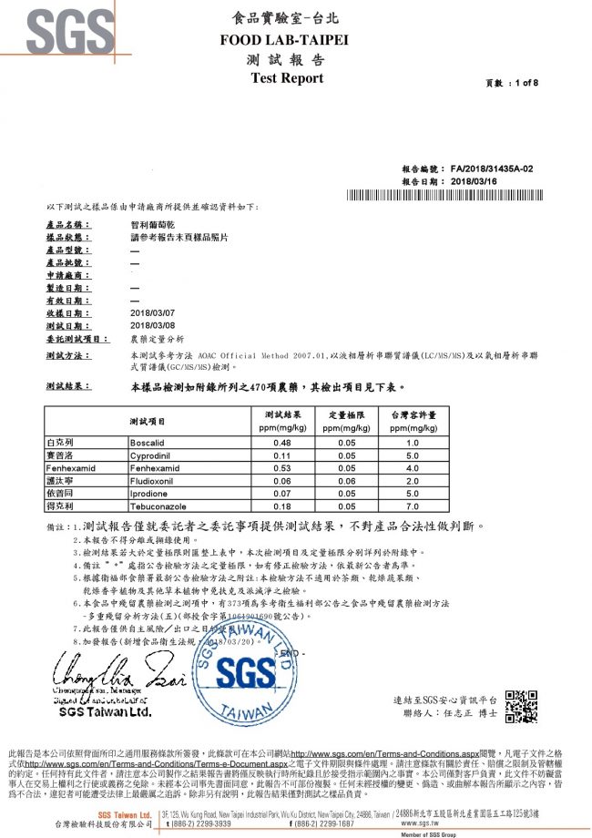 智利葡萄乾-SGS農藥檢驗合格